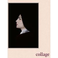 "Collage art print featuring a woman in profile with dark cloak and lace collar on a beige background"