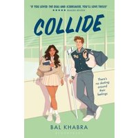"Collide book cover with illustrated couple, girl in skirt and boy in varsity jacket, pastel green background"