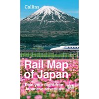 "Collins Rail Map of Japan with Mount Fuji, bullet train, and pink flowers on the cover by HarperCollins UK"