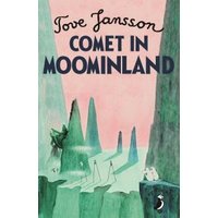 "Comet in Moominland book with Tove Jansson's name, pink and green cover, Moomins in a landscape with comet."