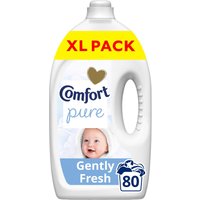 White Comfort Fabric Conditioner Pure bottle, 2.4 L, with heart logo, baby image, and "XL PACK" label.