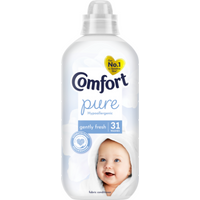 Comfort Fabric Conditioner Pure 930ml bottle, white with blue label, baby image, hypoallergenic, 31 washes.
