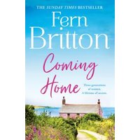 Book cover "Coming Home" by Fern Britton, features a pink cottage by the sea with blue sky and lush greenery.