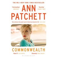 "Commonwealth book by Ann Patchett, cover features a woman in a car with blonde hair, red lipstick, and a white top"