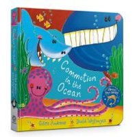 "Colorful children's book 'Commotion in the Ocean' with smiling shark and octopus on the cover"
