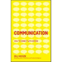 "Yellow book titled 'Communication' by Gill Hasson with white speech bubbles and red text."