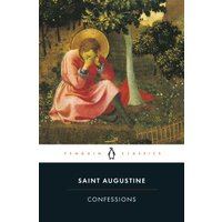 "Penguin Classics book 'Confessions' by Saint Augustine, cover art depicts a figure in a pink robe under a tree."