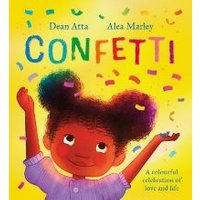 Children's book "Confetti" with a joyful child on yellow cover, colorful confetti, and vibrant text.