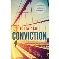 "Conviction book by Julia Dahl, cover with a bridge at sunset and a lone figure walking."