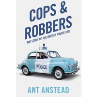 "Cops & Robbers book cover featuring a vintage blue and white police car with 'Police' text on the side."