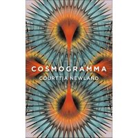 "Cosmogramma book cover with abstract orange and teal radial pattern and bold white title text."