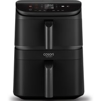 Black COSORI Turbo Tower air fryer with dual baskets, digital display, and sleek handles.