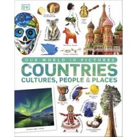 "DK book 'Countries' with images of landmarks, animals, and cultural items on a white background"