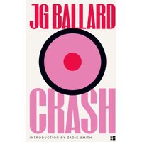 "White book cover 'Crash' by JG Ballard, large pink circle design, bold pink and red text"