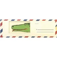 Crocodile Tears envelope with cartoon crocodile illustration, bordered by red, blue, and yellow stripes.