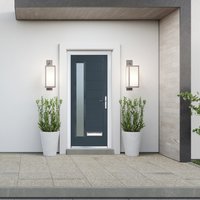 Anthracite grey composite door with long obscure glass panel, left-hand handle, and 150 cill, framed by white trim.