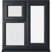 Grey/white uPVC window with double glazing, top and right hung sections, clear glass, 905mm x 965mm by Crystal.