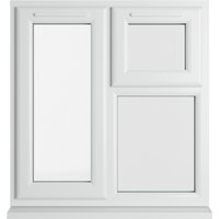 White uPVC window with double glazing, top and left sections hinged, measuring 905mm x 965mm, clear glass.