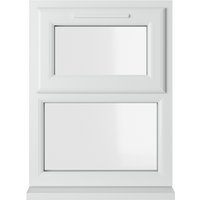 White uPVC double glazed window with top opener, 610mm x 965mm, clear glass, rectangular frame design.