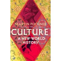 "Book titled 'Culture: A New World History' by Martin Puchner, cover with red and gold geometric patterns and ancient art."