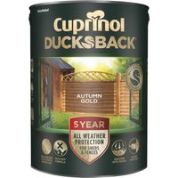 Cuprinol Ducksback fence treatment tin, green label with Autumn Gold color, 5-year protection, shed and fence image.
