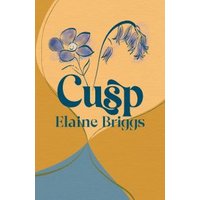 "Book titled 'Cusp' by Elaine Briggs, featuring blue flowers on a yellow and blue abstract background"