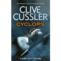 "Clive Cussler's 'Cyclops' book cover featuring a spaceship flying past the moon against a starry blue background"