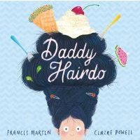 Children's book "Daddy Hairdo" with a girl under a tall, blue hairdo adorned with ice cream, a spoon, and a watermelon slice.