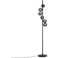 Black multi-arm floor lamp with five spherical glass shades on a vertical pole, dimmable G9 bulbs included.