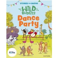 Children's book "Dance Party" with cartoon animals dancing and playing instruments in a jungle setting.