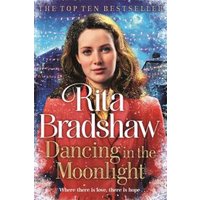 "Dancing in the Moonlight" book cover with woman in red coat, snowy background, and starry night sky.