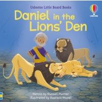 "Usborne board book 'Daniel in the Lions' Den' with illustration of Daniel and three lions on a blue background"