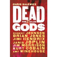 "Dead Gods book cover, red background, bold white and yellow text listing famous musicians' names"