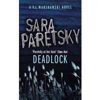 "Deadlock" book by Sara Paretsky, dark blue cover with white text and abstract grass design.