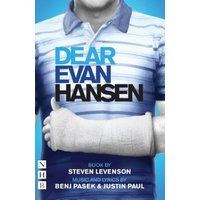 "Dear Evan Hansen book cover with blue striped shirt and arm cast, title in bold blue and black text"