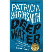 Blue paperback book "Deep Water" by Patricia Highsmith with bold black and white text and swirling water design.