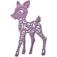 Purple metal deer figurine with intricate floral cutout design and stylized features.