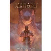 Fantasy book "Defiant" with a warrior holding a sword, large dragon in the background, warm orange tones.