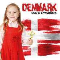 "Denmark World Adventures book cover with girl in red dress holding flowers, Danish flag background."