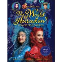 "Descendants book 'The World of Auradon' with blue and red-haired characters on a blue and purple background"