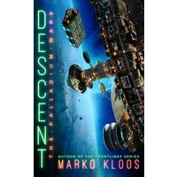 "Descent book cover, sci-fi theme with space station, spaceships, and blue cosmic background, by Marko Kloos"