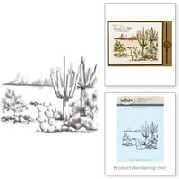 "Spellbinders 'Desert' stamp set featuring cactus, rocks, and desert landscape in black outline on blue background"