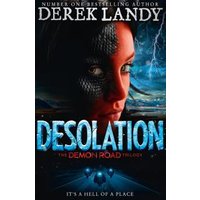 "Desolation book cover featuring a woman's face with scales, stormy sky, and blue glowing title text."