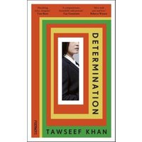 "Book titled 'Determination' by Tawseef Khan with colorful layered border and partial image of a person in a suit."