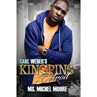 Book cover for "Kingpins: Detroit" by Ms. Michel Moore, featuring a man in a blue hoodie and orange shirt.