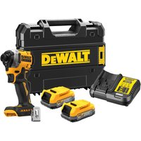 Ultra compact black and yellow DeWalt impact driver with two 18V Powerstack batteries, charger, and carrying case.