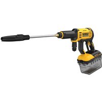 Yellow and black DeWalt power cleaner with long nozzle, ergonomic handle, and transparent water tank.