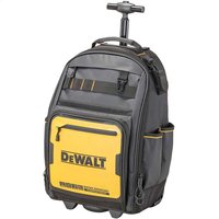 DeWalt Pro Backpack on Wheels, black and yellow, with telescopic handle, multiple pockets, and rugged design.
