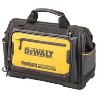 Black and yellow DeWalt Pro Open Mouth Tool Bag with multiple pockets and reinforced handles.