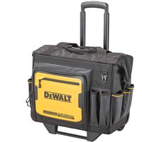 Black and yellow DeWalt rolling tool bag with telescopic handle, multiple pockets, and sturdy wheels.